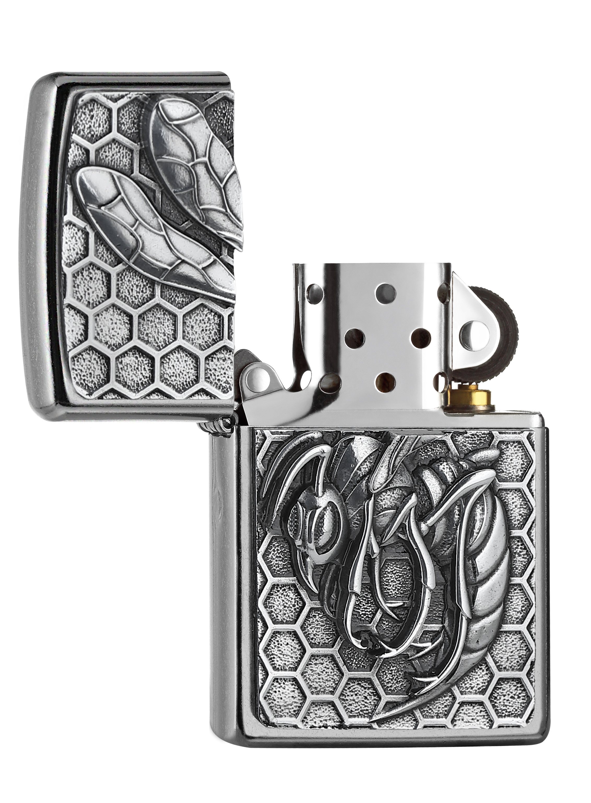 Front shot of Zippo Bejeweled Beetle Design High Polish Brass Windproof Lighter standing at a 3/4 angle.