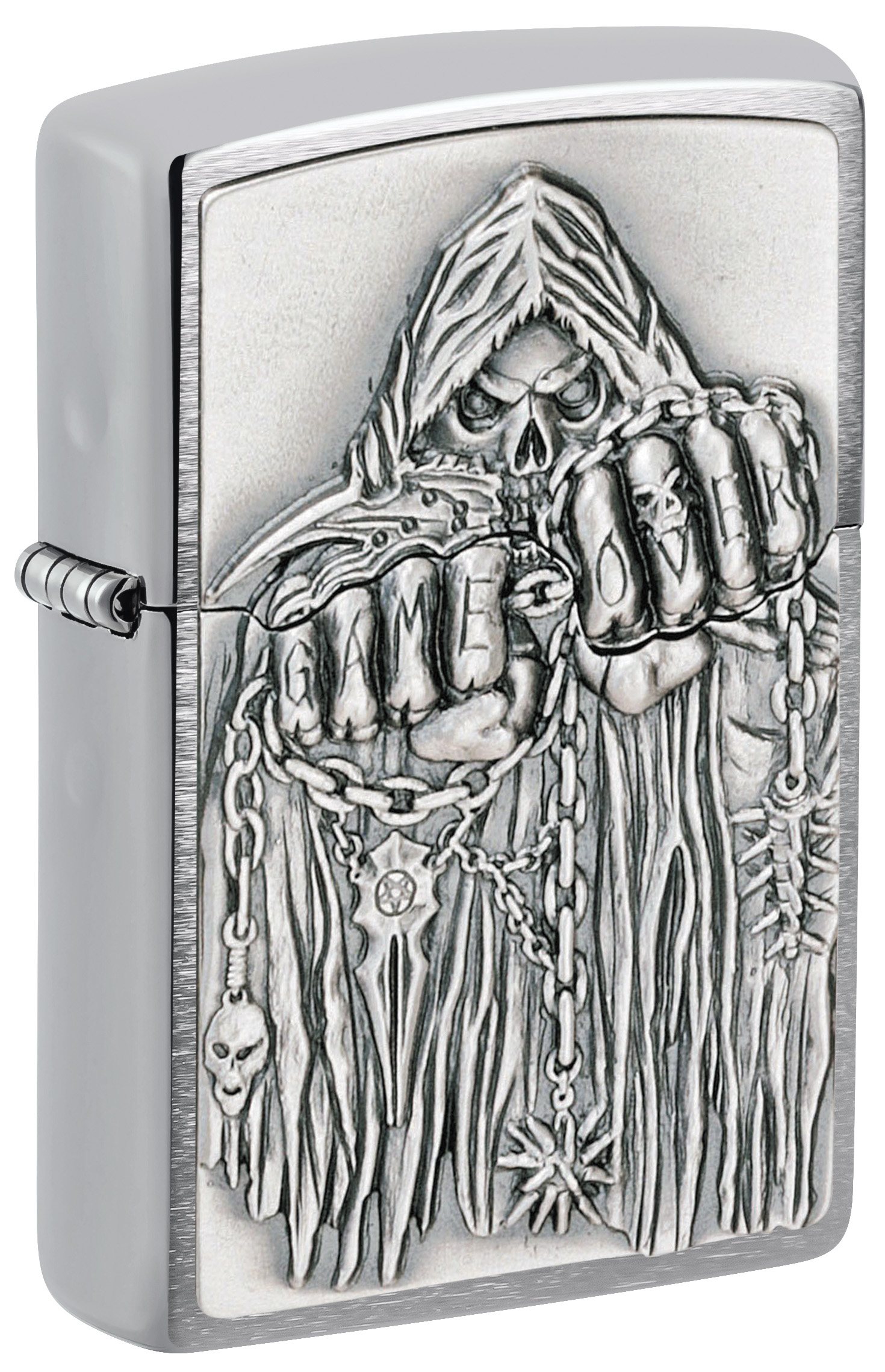 Front shot of Zippo Bejeweled Beetle Design High Polish Brass Windproof Lighter standing at a 3/4 angle.
