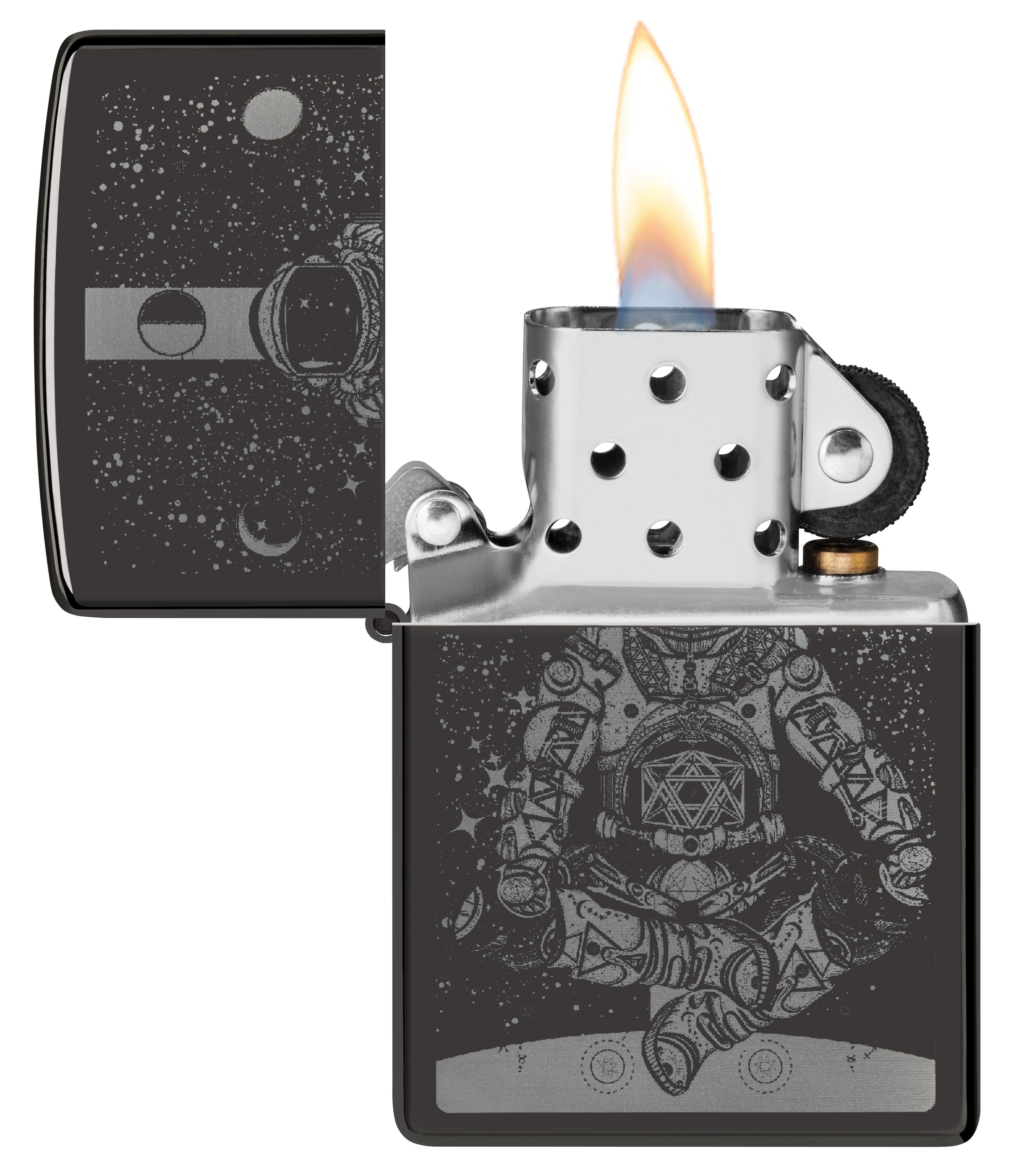 Front shot of Zippo Bejeweled Beetle Design High Polish Brass Windproof Lighter standing at a 3/4 angle.
