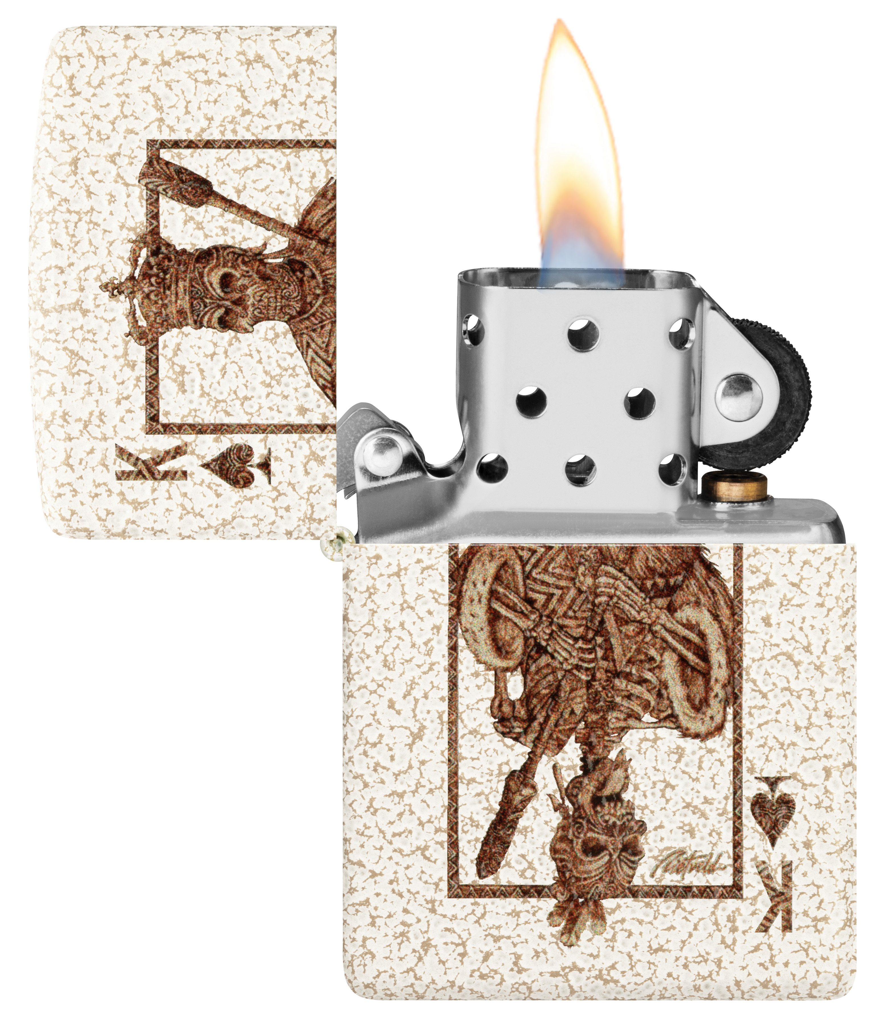 Front shot of Zippo Bejeweled Beetle Design High Polish Brass Windproof Lighter standing at a 3/4 angle.