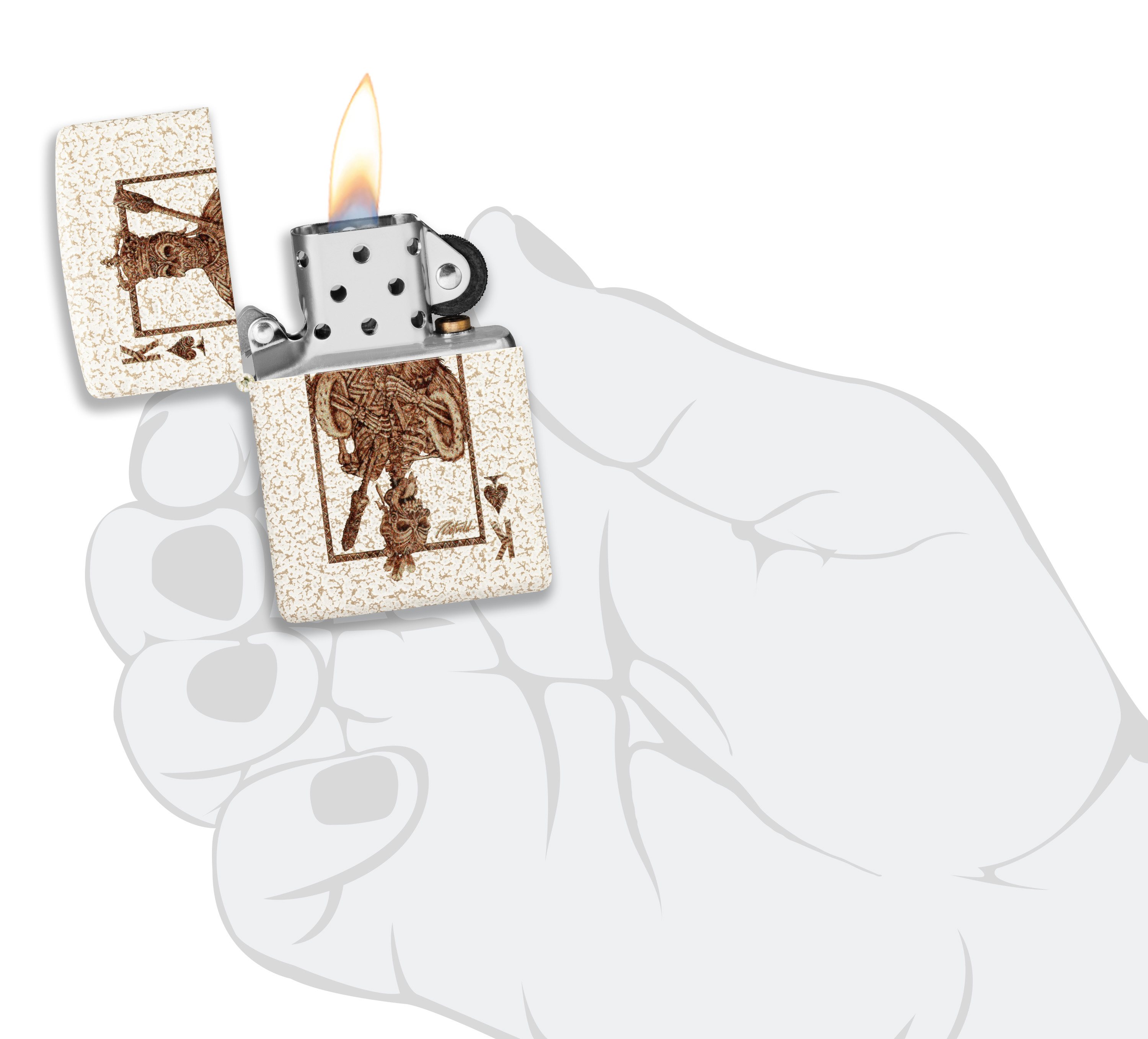 Front shot of Zippo Bejeweled Beetle Design High Polish Brass Windproof Lighter standing at a 3/4 angle.