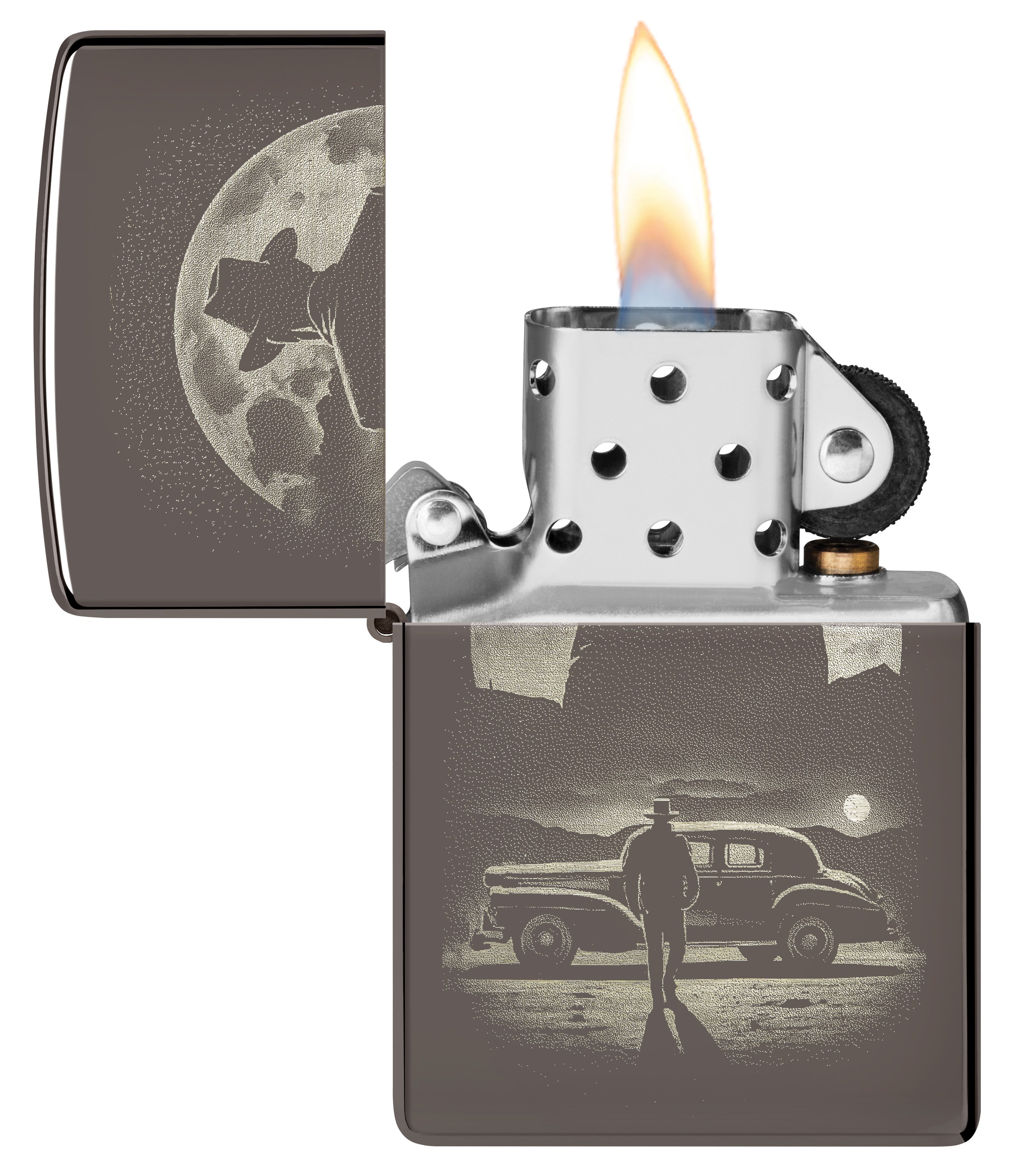 Front shot of Zippo Bejeweled Beetle Design High Polish Brass Windproof Lighter standing at a 3/4 angle.