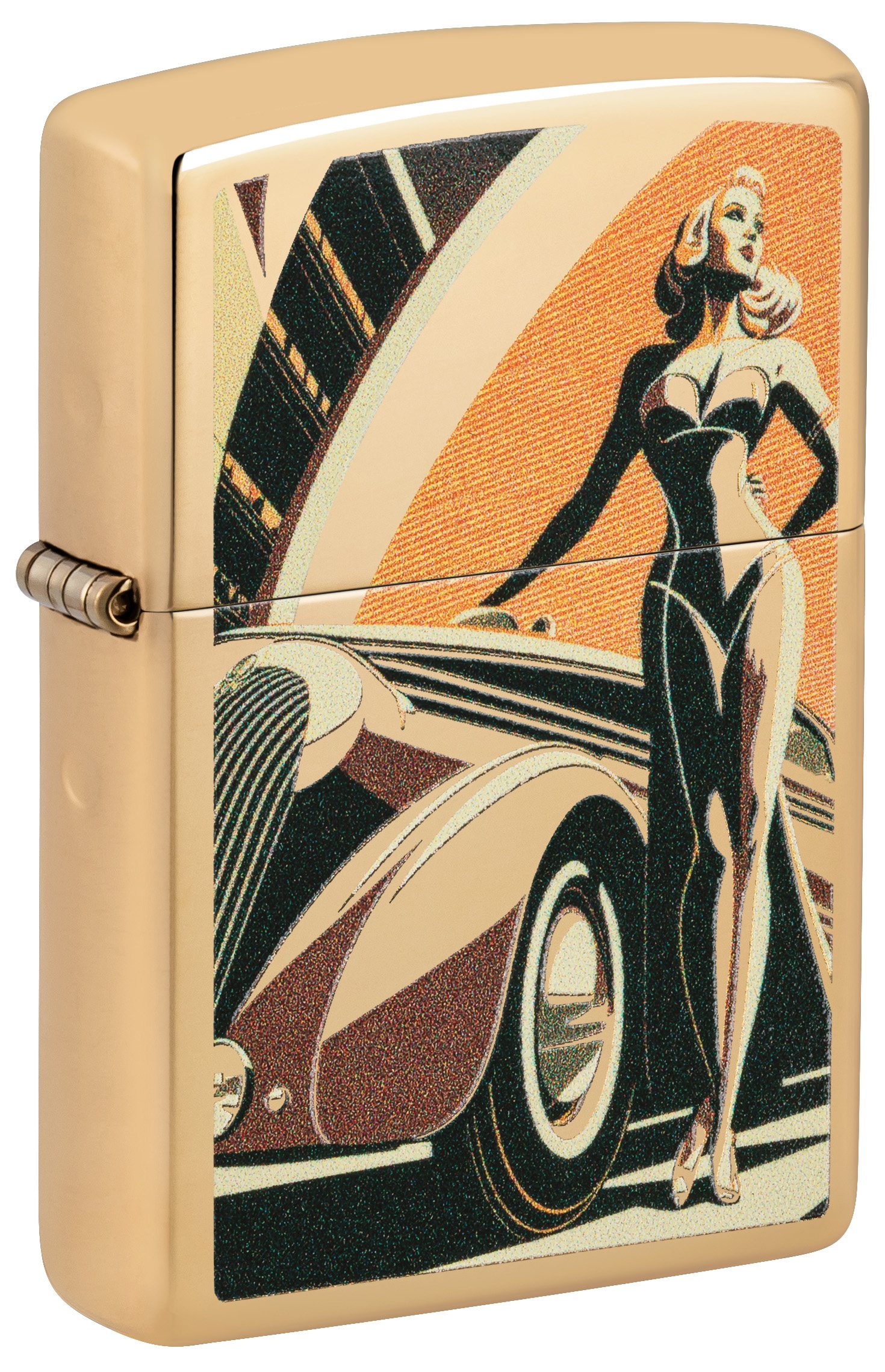 Front shot of Zippo Bejeweled Beetle Design High Polish Brass Windproof Lighter standing at a 3/4 angle.
