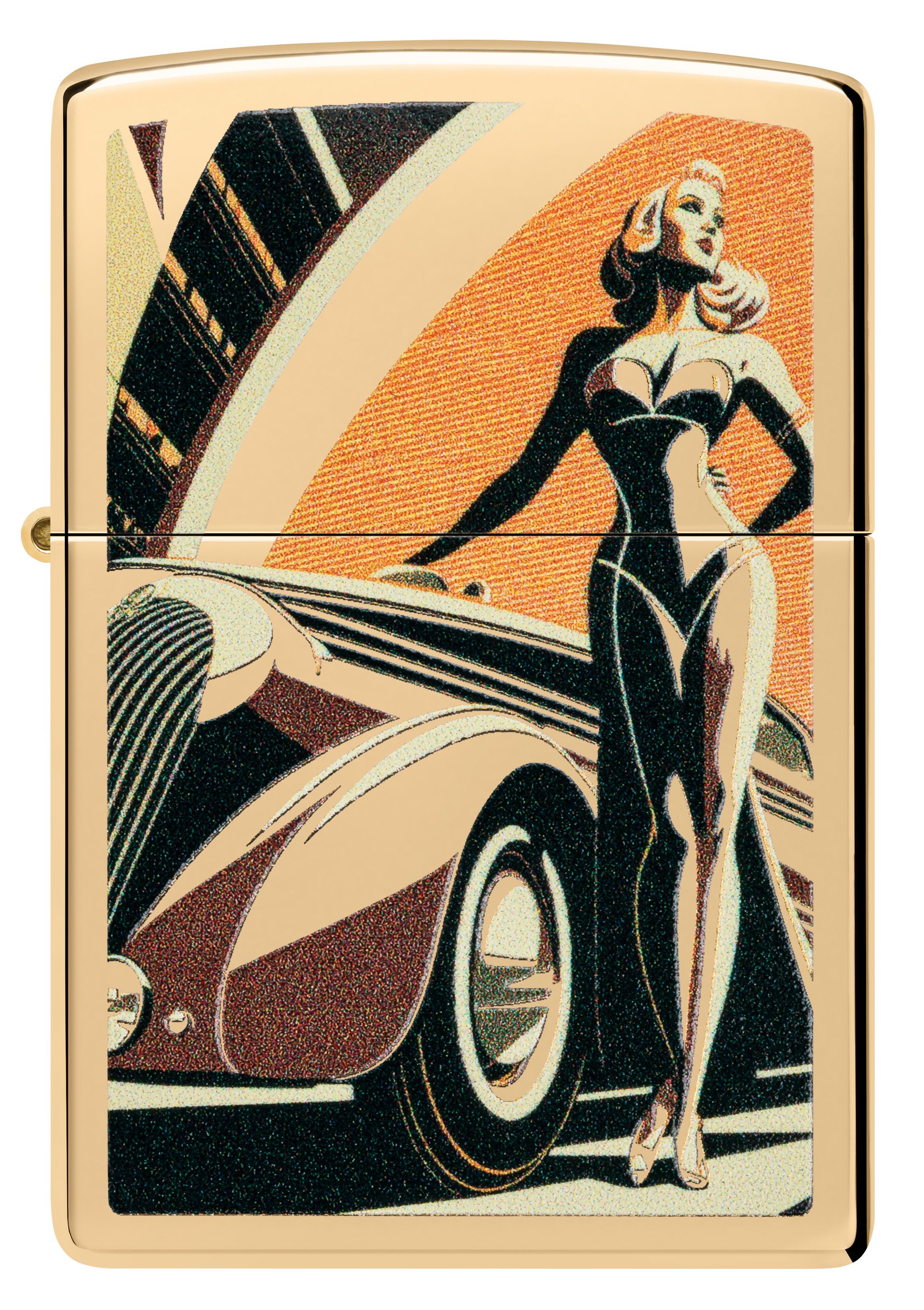 Front shot of Zippo Bejeweled Beetle Design High Polish Brass Windproof Lighter standing at a 3/4 angle.