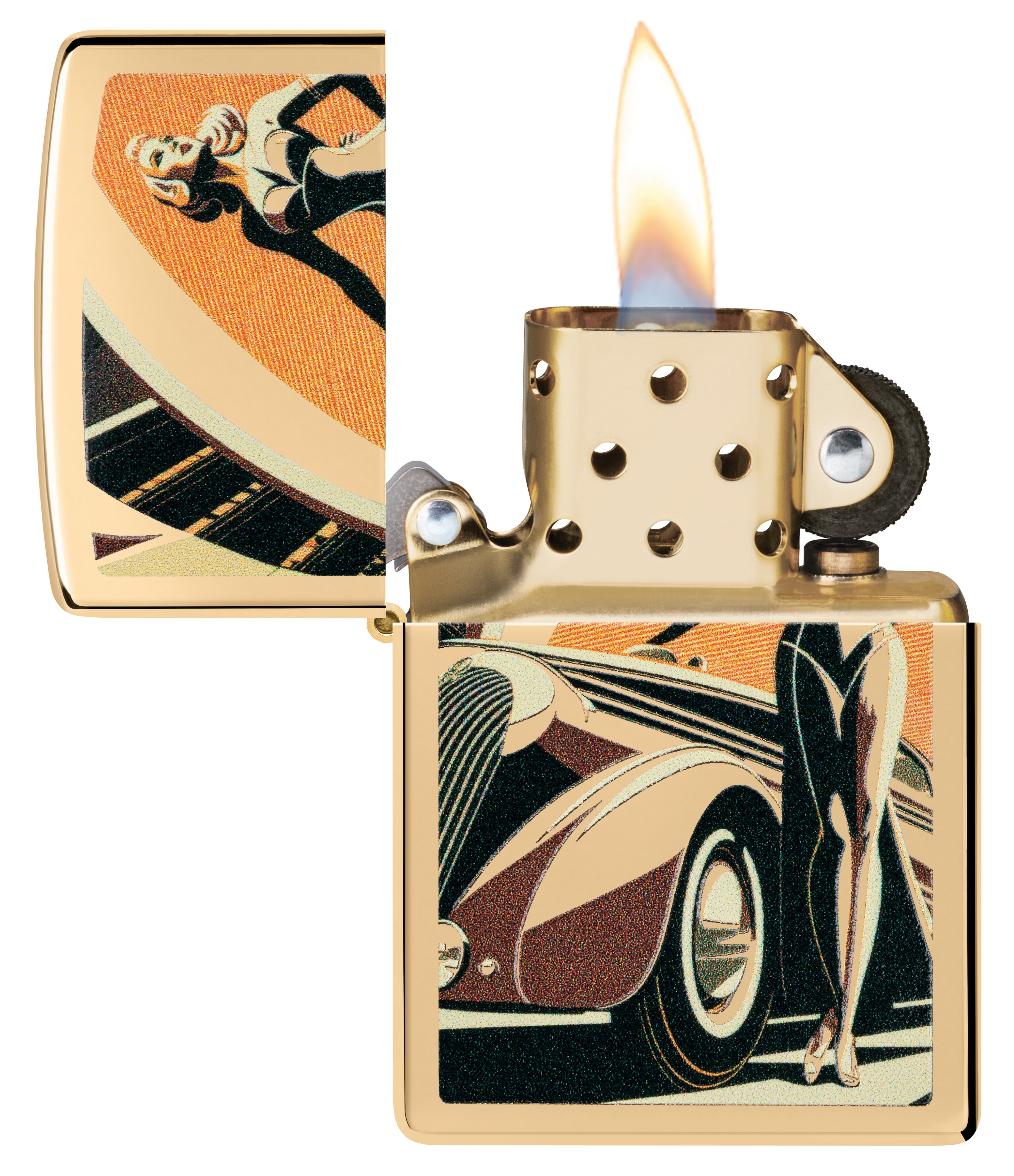 Front shot of Zippo Bejeweled Beetle Design High Polish Brass Windproof Lighter standing at a 3/4 angle.