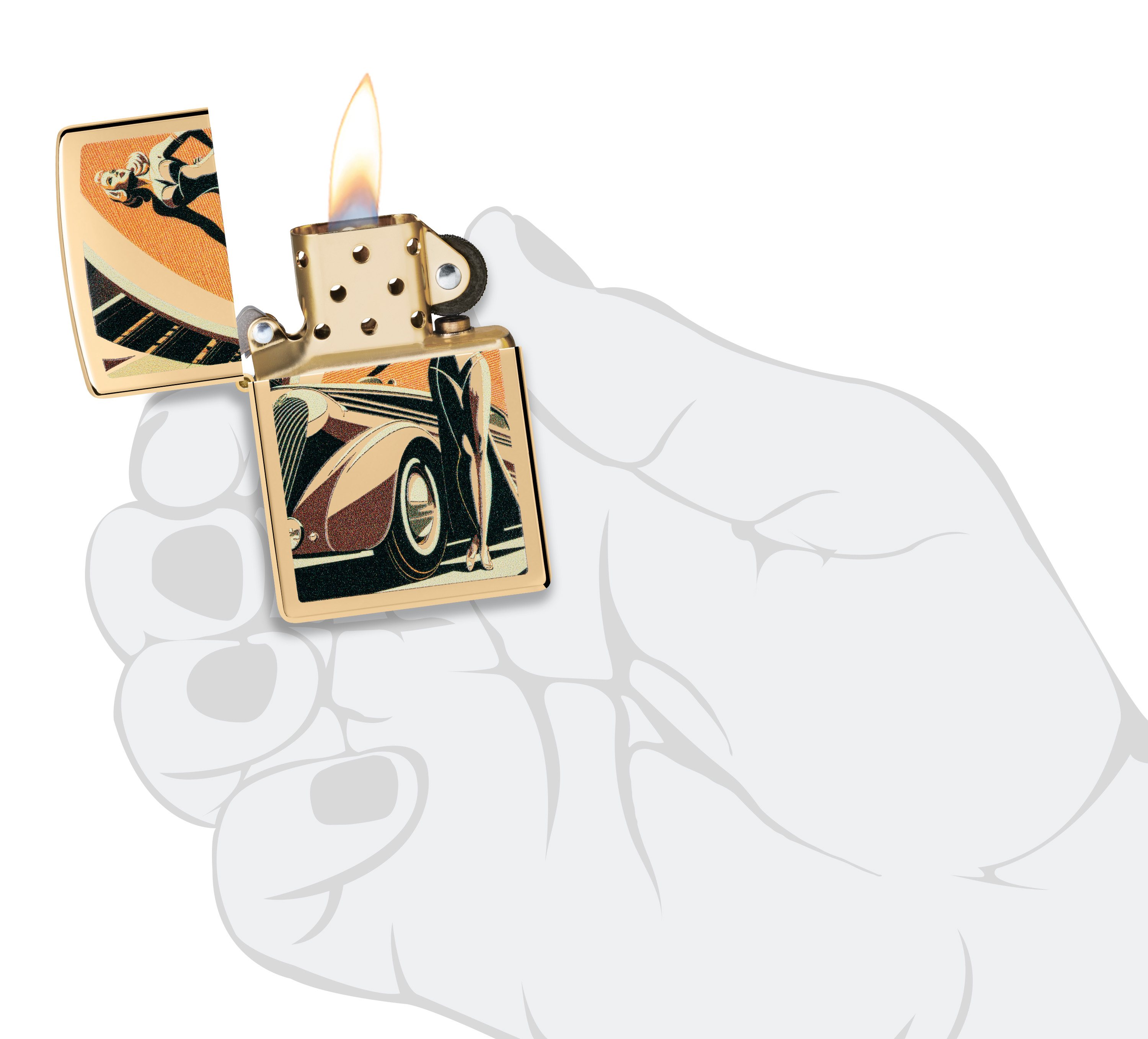 Front shot of Zippo Bejeweled Beetle Design High Polish Brass Windproof Lighter standing at a 3/4 angle.
