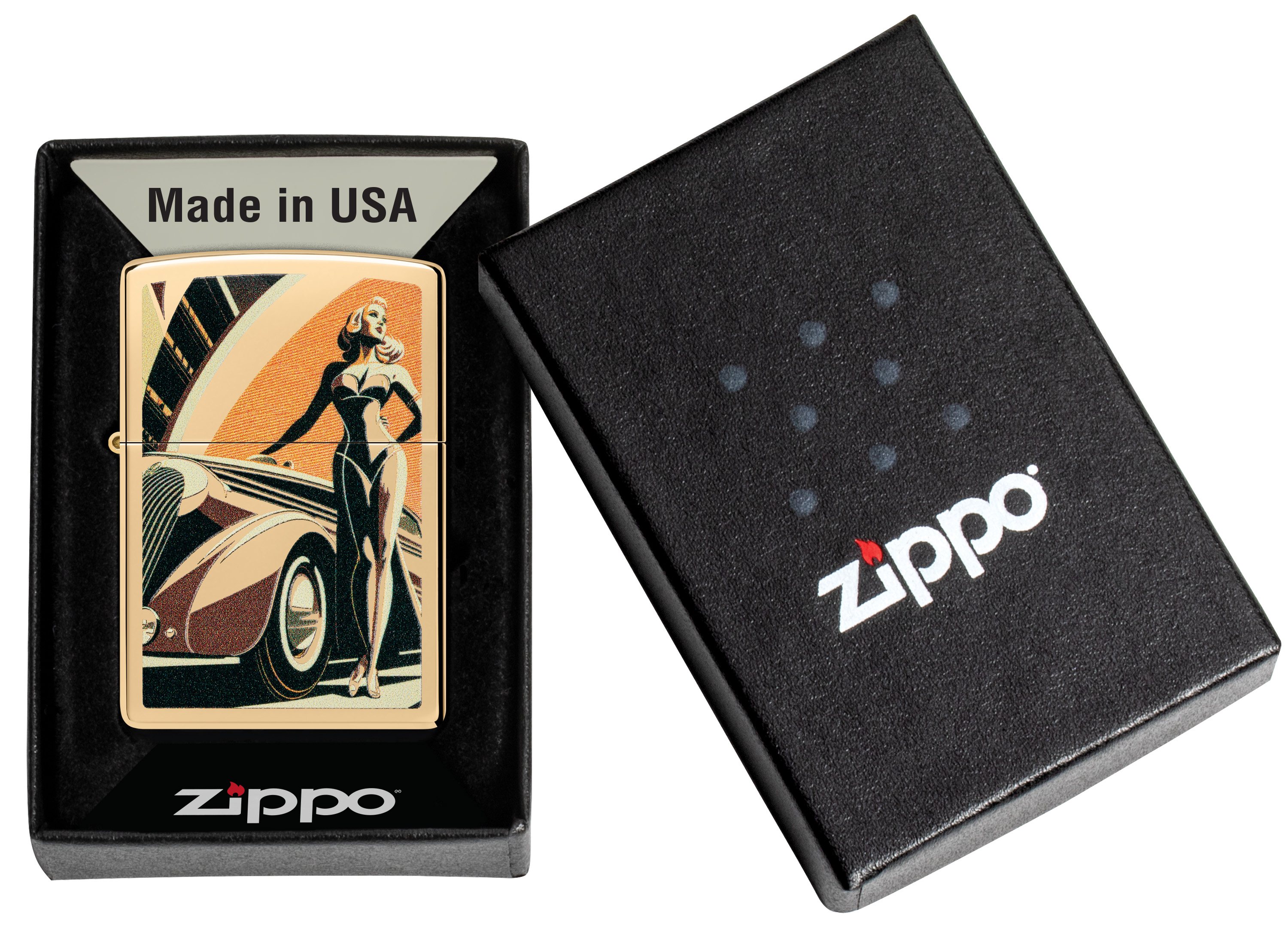 Front shot of Zippo Bejeweled Beetle Design High Polish Brass Windproof Lighter standing at a 3/4 angle.