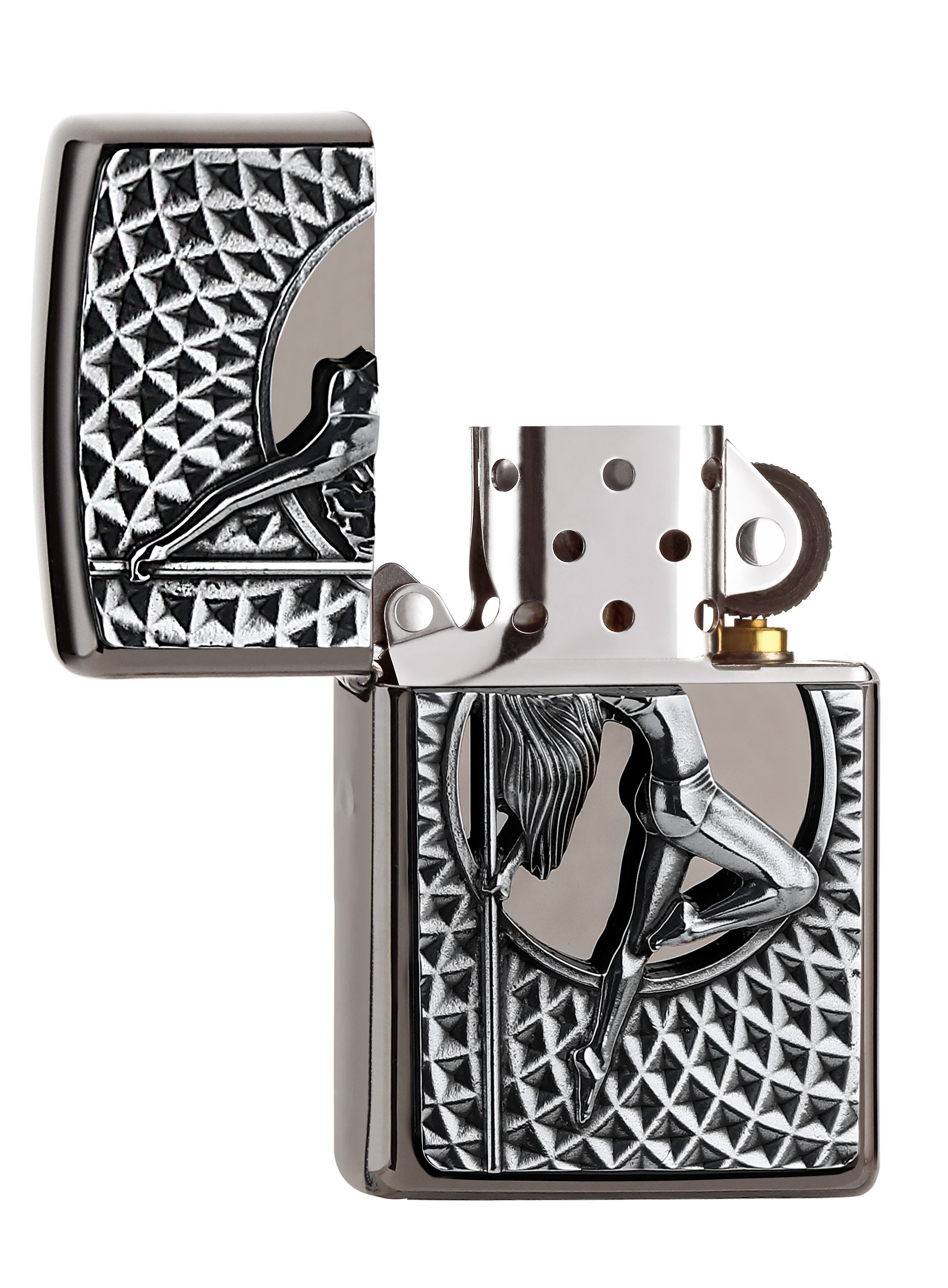 Front shot of Zippo Bejeweled Beetle Design High Polish Brass Windproof Lighter standing at a 3/4 angle.