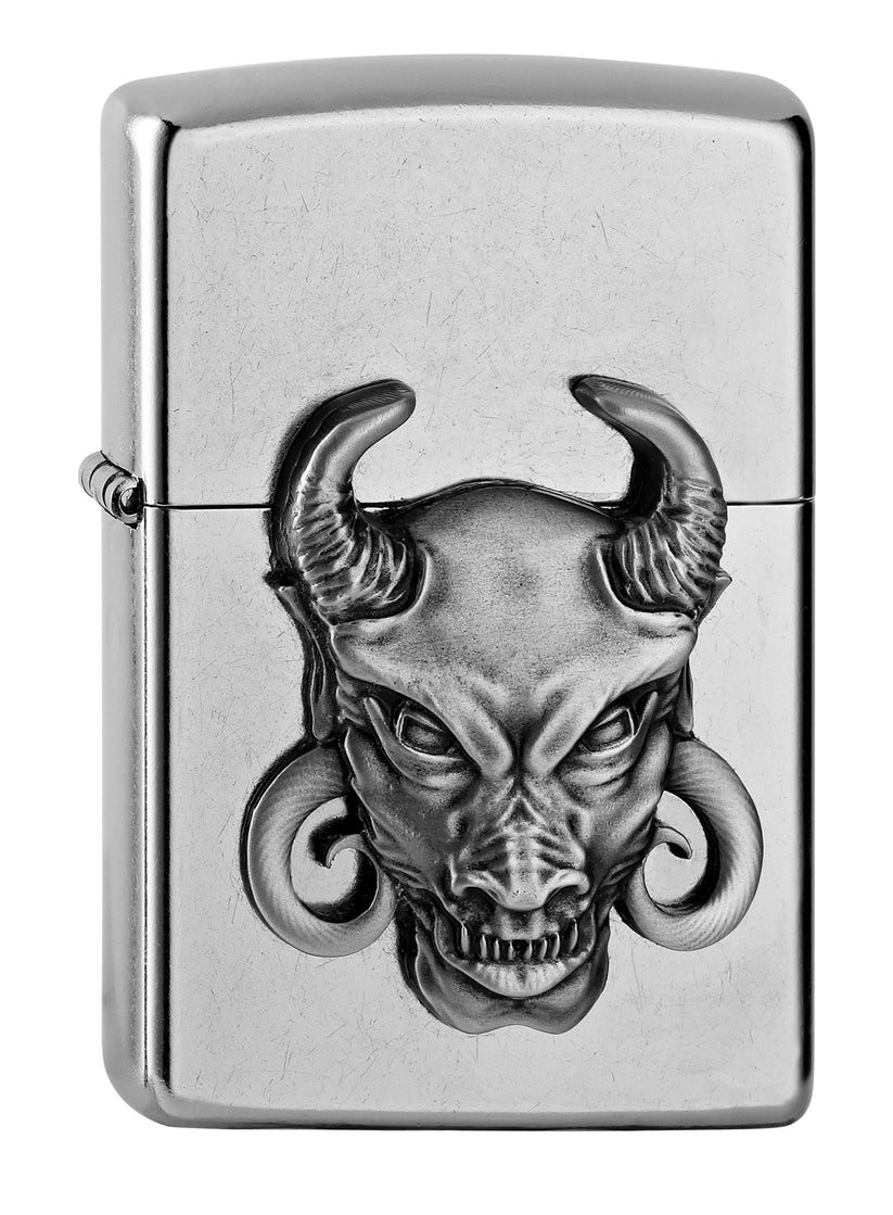 Front shot of Zippo Bejeweled Beetle Design High Polish Brass Windproof Lighter standing at a 3/4 angle.