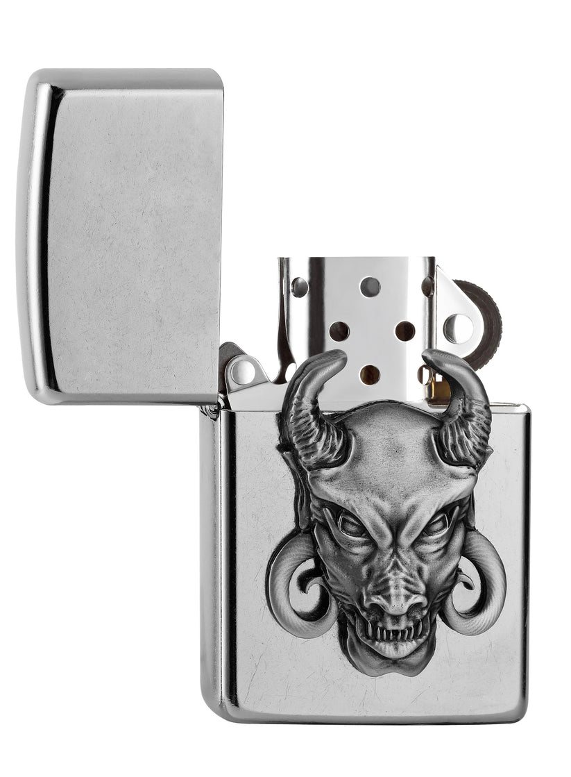 Front shot of Zippo Bejeweled Beetle Design High Polish Brass Windproof Lighter standing at a 3/4 angle.