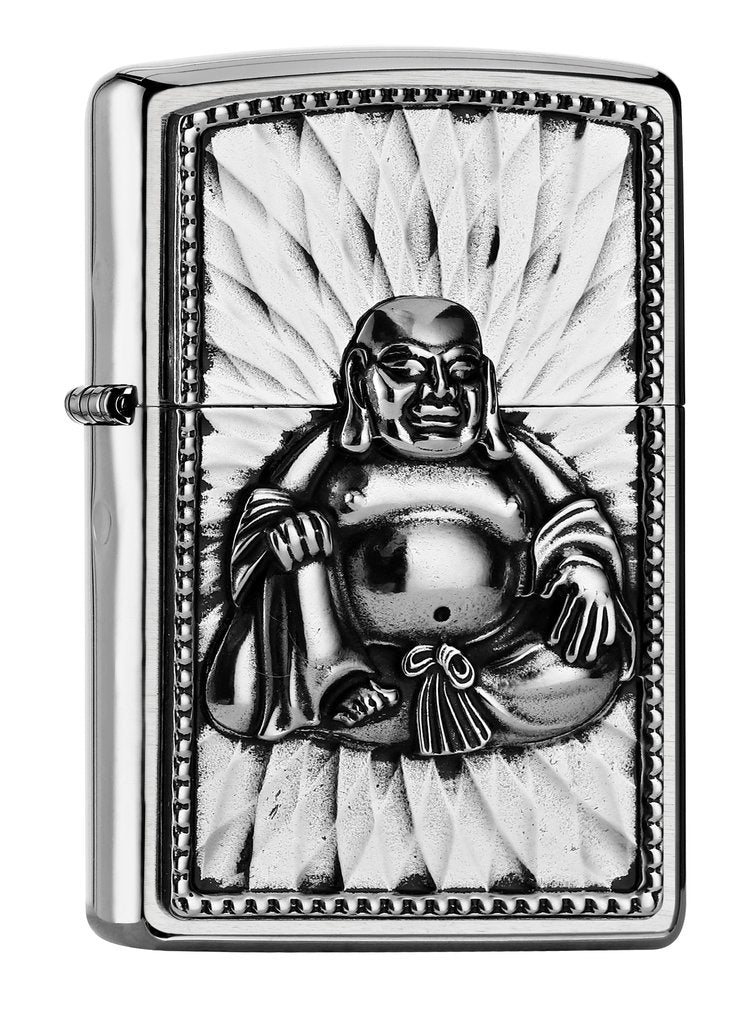 Front shot of Zippo Bejeweled Beetle Design High Polish Brass Windproof Lighter standing at a 3/4 angle.