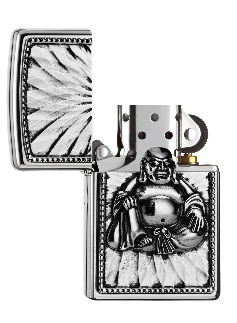 Front shot of Zippo Bejeweled Beetle Design High Polish Brass Windproof Lighter standing at a 3/4 angle.