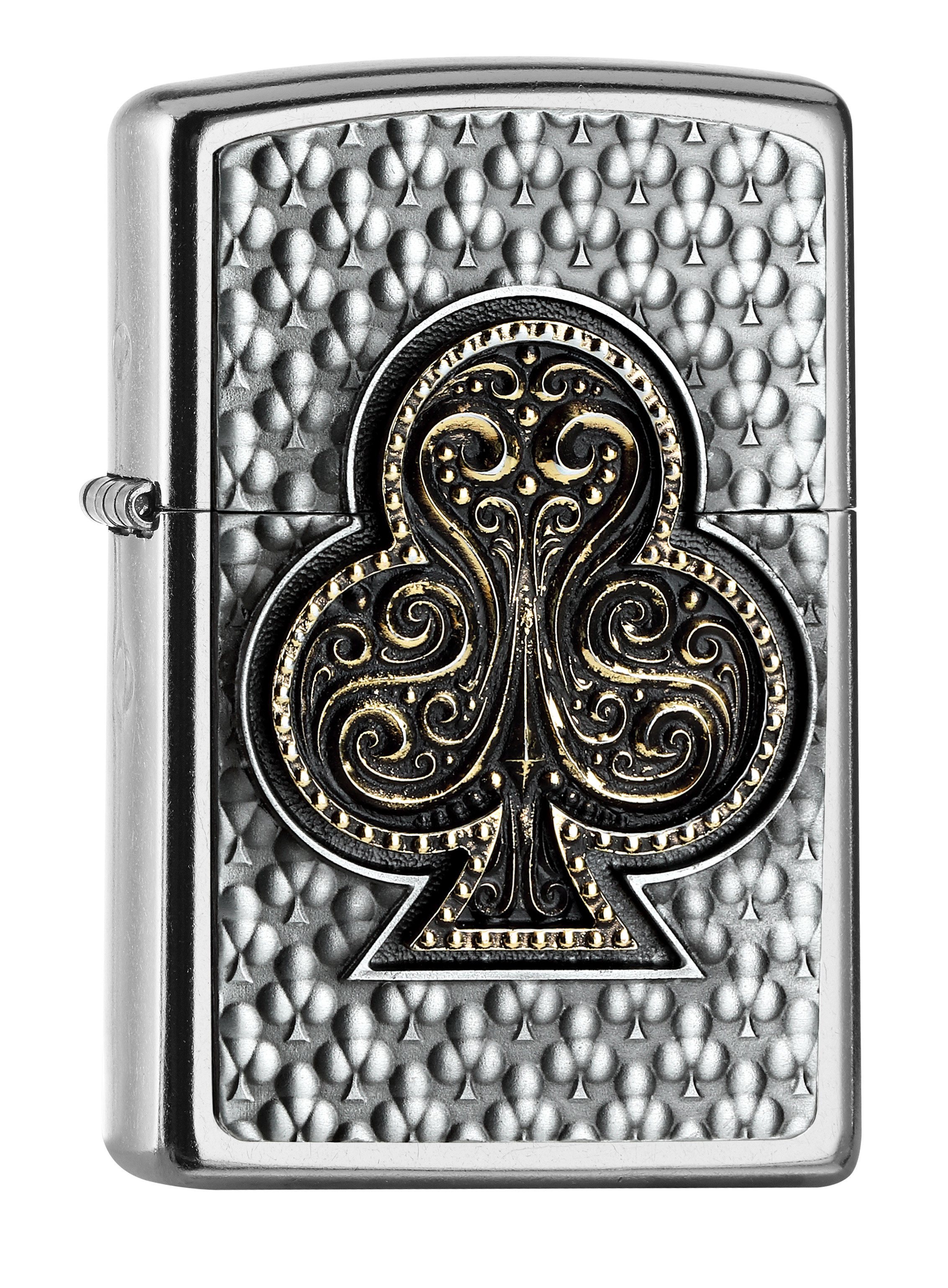 Front shot of Zippo Bejeweled Beetle Design High Polish Brass Windproof Lighter standing at a 3/4 angle.