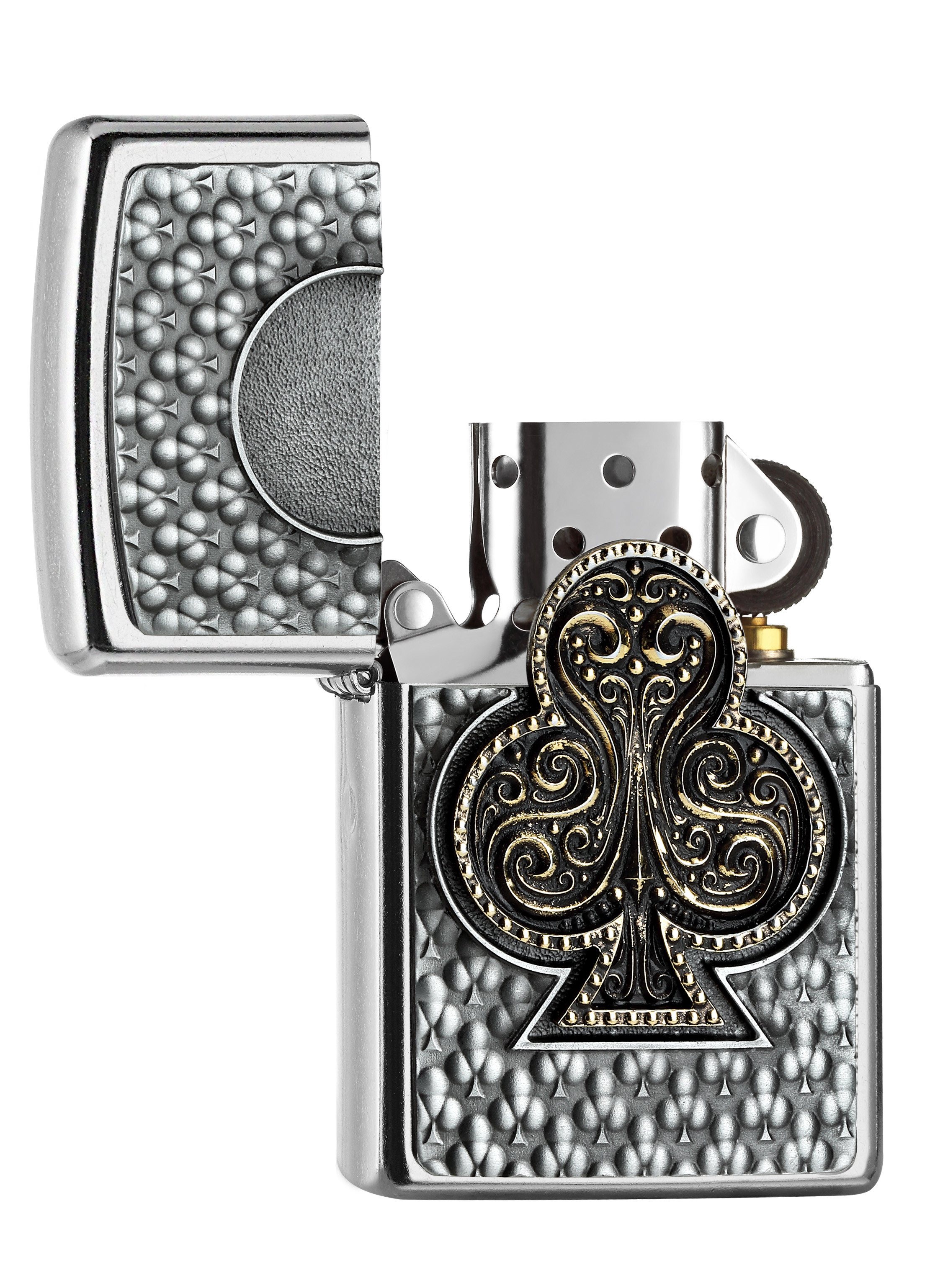 Front shot of Zippo Bejeweled Beetle Design High Polish Brass Windproof Lighter standing at a 3/4 angle.