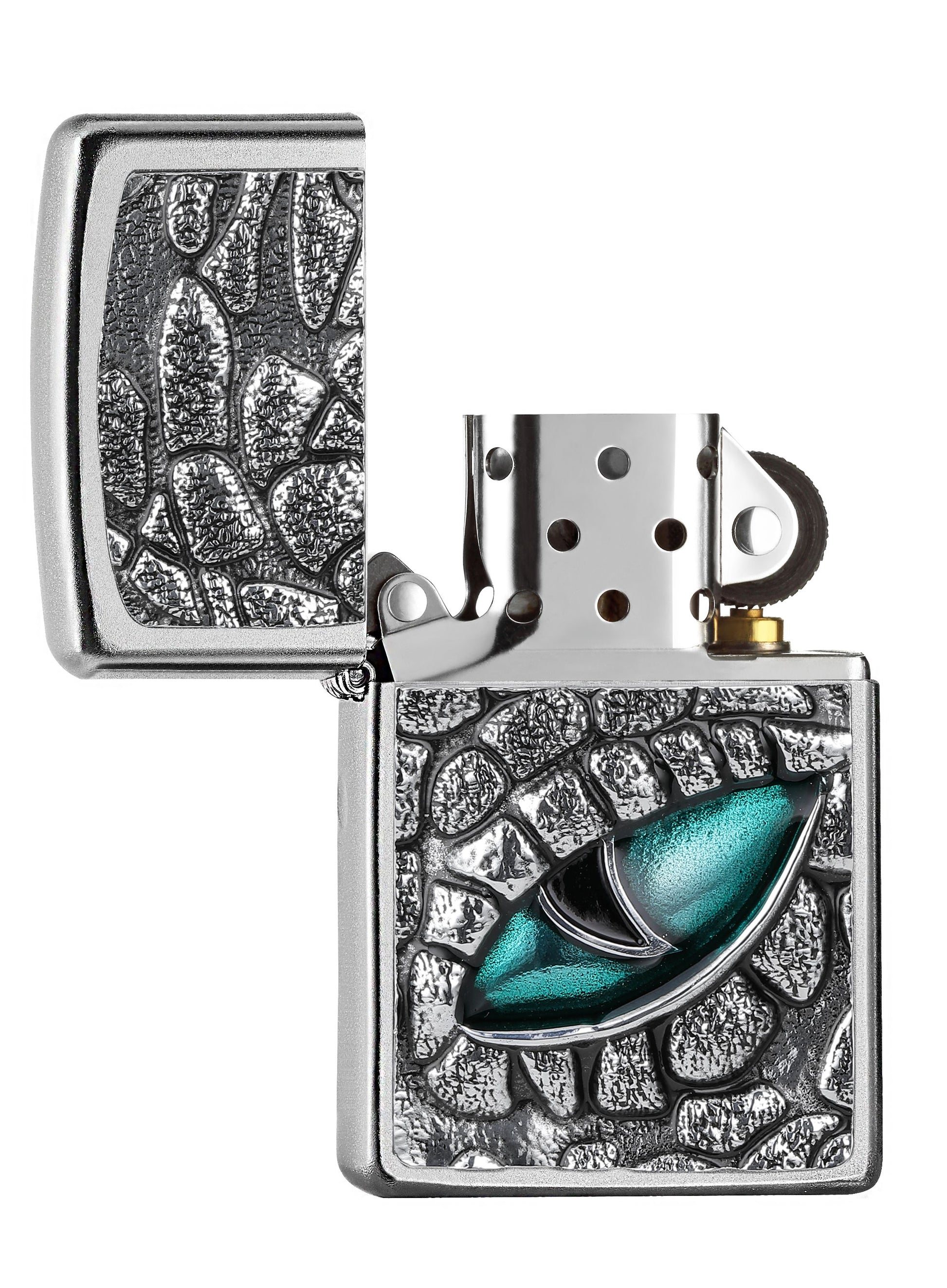 Front shot of Zippo Bejeweled Beetle Design High Polish Brass Windproof Lighter standing at a 3/4 angle.