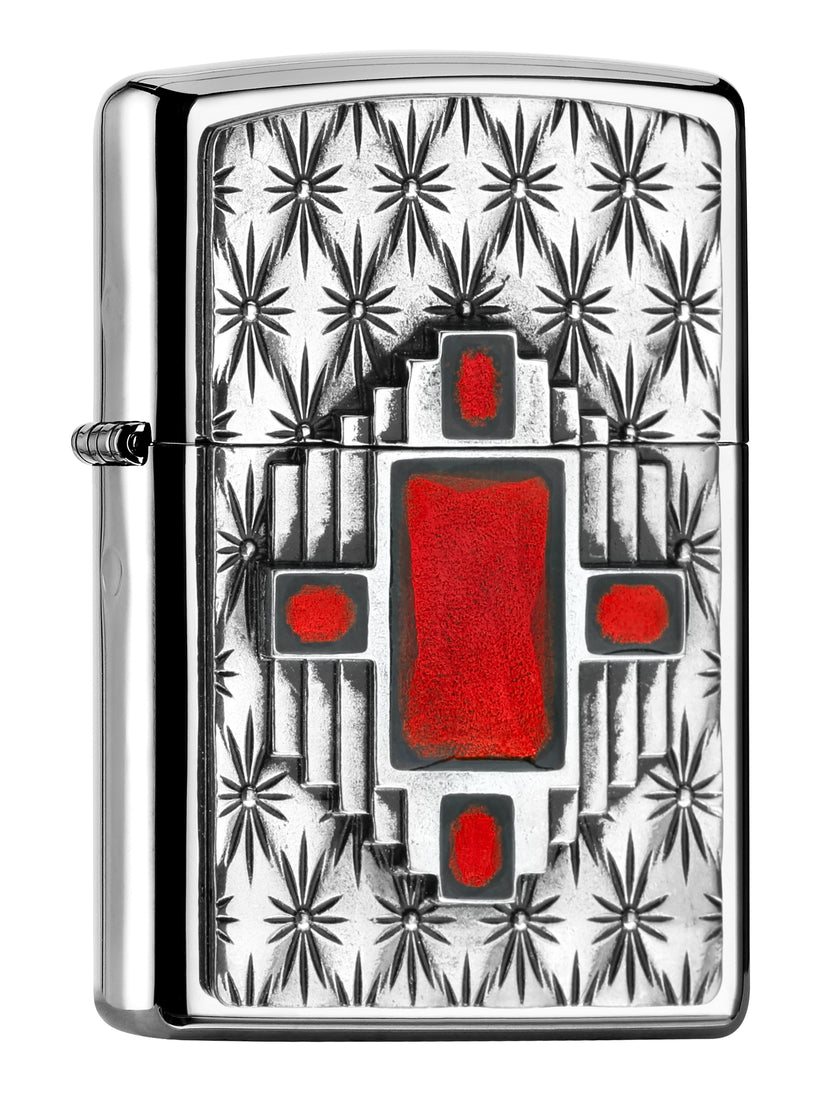 Front shot of Zippo Bejeweled Beetle Design High Polish Brass Windproof Lighter standing at a 3/4 angle.