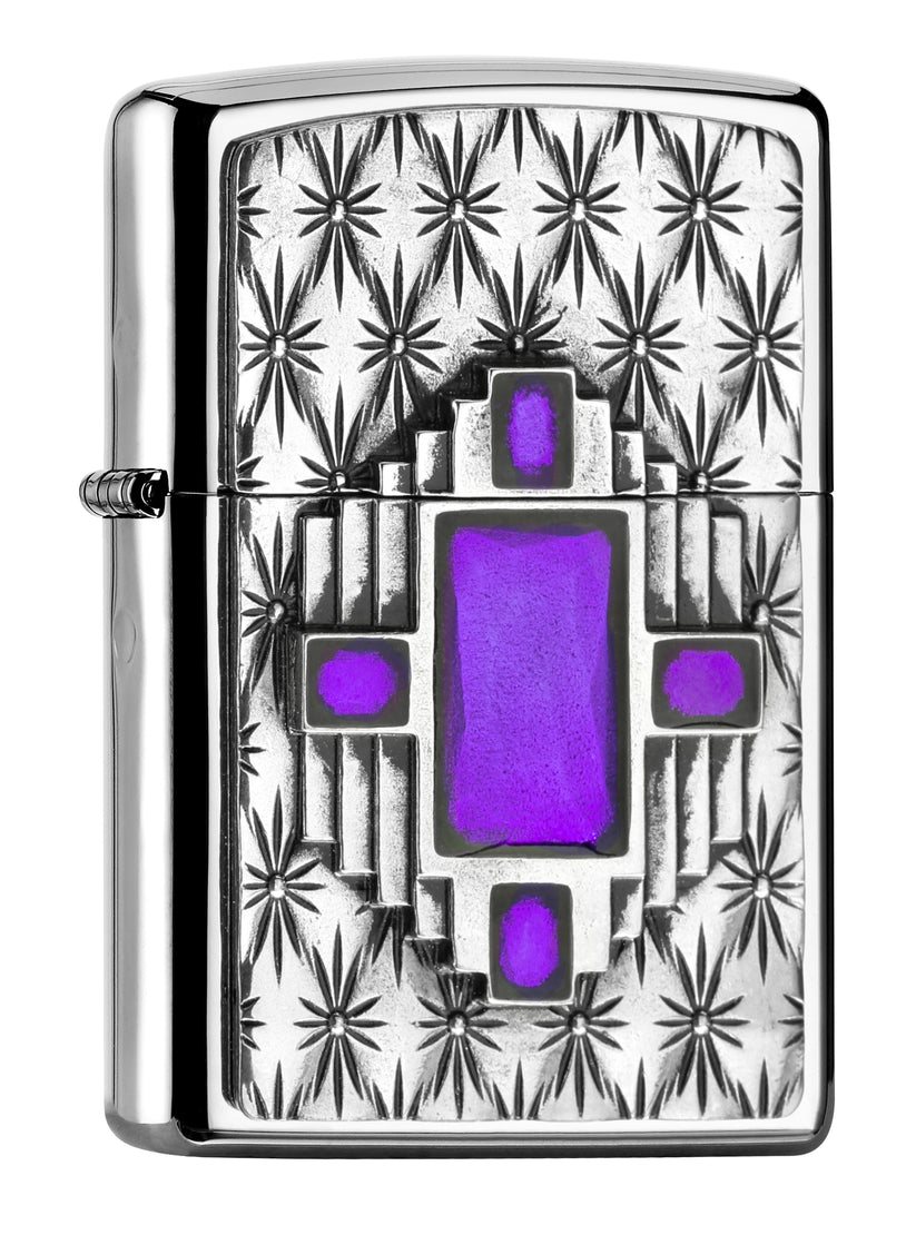 Front shot of Zippo Bejeweled Beetle Design High Polish Brass Windproof Lighter standing at a 3/4 angle.