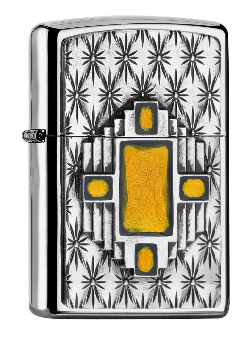 Front shot of Zippo Bejeweled Beetle Design High Polish Brass Windproof Lighter standing at a 3/4 angle.